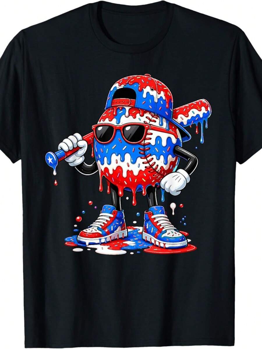 Camiseta para niño con goteo de helado - Camiseta de manga corta y cuello redondo con estampado de béisbol del 4 de julio, prenda de verano casual transpirable con goteo, - Negro - Ver 1