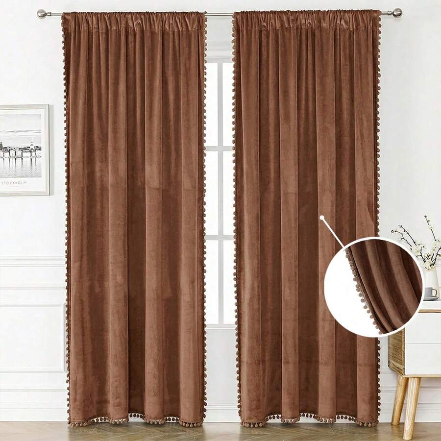 1 Stück kaffeebraune französische Luxus-Samt-Verdunkelungsvorhänge mit Pompon-Quasten-Spitzenbesatz, Stangendurchzug, thermisch isolierte Sonnenschutz-Fenstervorhänge für Wohnzimmer & Schlafzimmer Dekoration - Kaffeebraun - Übersicht 1