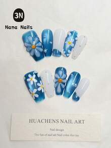 10PCS Blue Cat Eye Press On Nails | 3D Hand-Painted Little Daisy With Pearl Accents, French Tip Design | Short Coffin Nails | Summer Ocean Nail Set | Reusable Salon Quality, Suitable For Daily Wear & Gifts Handmade Press On Nails - Teal Blue - View 2