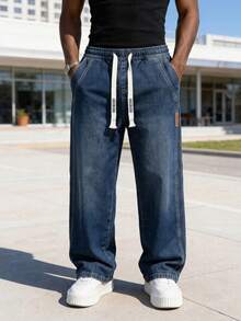 Men's Drawstring Elastic Waist Jeans, Vintage Distressed Wash Blue, Loose Straight Leg, Versatile Casual Everyday Pants, Comfortable For Daily Commute And Outings - Dark Wash - View 2
