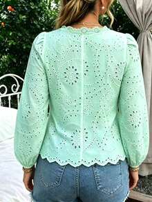 Plus Size Women's Casual Commuter Blouse, Mint Green Embroidered Fabric With Lace Trim, Mushroom Button, Ruched Waist, Single Layer Sleeve, Elegant Vacation Wear - Mint Green - View 6