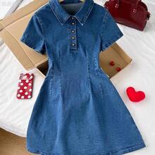 xuehuamaoyi02  Vestido corto de mezclilla de unicolor para mujer, estilo minimalista de moda para el verano - Lavado ligero - Ver 4