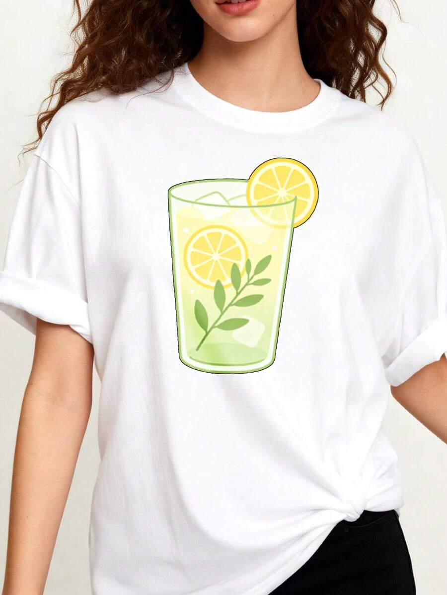 2026 camisetas para hombre, tallas grandes, camiseta de cuello redondo 100% para mujer, diseño casual de verano con estampado de bebida de limón, cómoda y transpirable, ligera y refrescante - Blanco - Ver 1