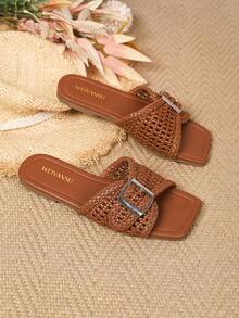 2026 New Vacation Style Bohemian Hollow Artificial Woven Breathable Buckle Mule Women's Sandals, Flat Casual Comfortable Elegant Clog Shoes, Lightweight, Breathable, Suitable For Daily Casual, Shopping, Beach, Office And Other Occasions - Brown - View 2