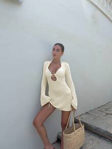 2026 Women's New Spring/Summer Hollow Knit Fitted Dress, Slim Fit Tailored Design Vacation Beach - Apricot - View 6