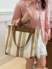 Bolso de lona casual para mujer con diseño a rayas, cierre con cremallera y forro de poliéster, opciones multicolor - Blanco - Ver 4