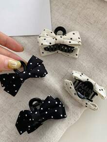 4pcs Women's Black & White Polka Dot Bow Hair Clips, Small Fairy Hair Clips, Princess Hair Side Clips, Fabric Side Bangs Clips, Half-Up Hair Accessories - Multicolor - View 5