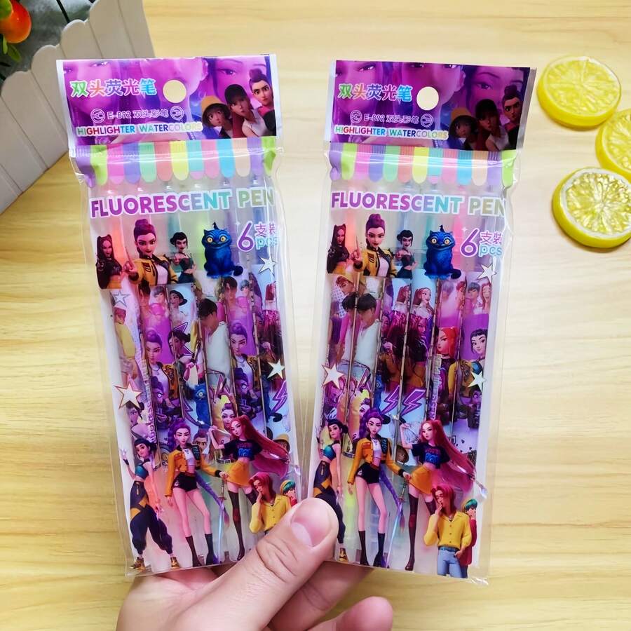 12PCS Double-Ended Highlighters, K-Pop Girl Group Cartoon Design. Dual-Head Marker For Writing, Drawing & Coloring. Stationery, Great For Gifts. Random Styles & Packages - Multicolor - View 1