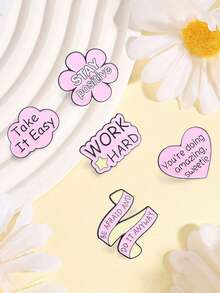 5pcs Warm Healing Pink Text Enamel Brooch "STAY Positive" Positive Slogan Badge, Fashion Clothing Backpack Accessory, Best Gift For Friends - Multicolor - View 6