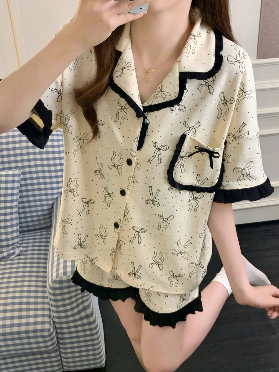 2件組女款睡衣套裝,蝴蝶印花短袖短褲,休閒舒適時尚,適合春/夏居家穿著 - 香檳色 - 查看 1