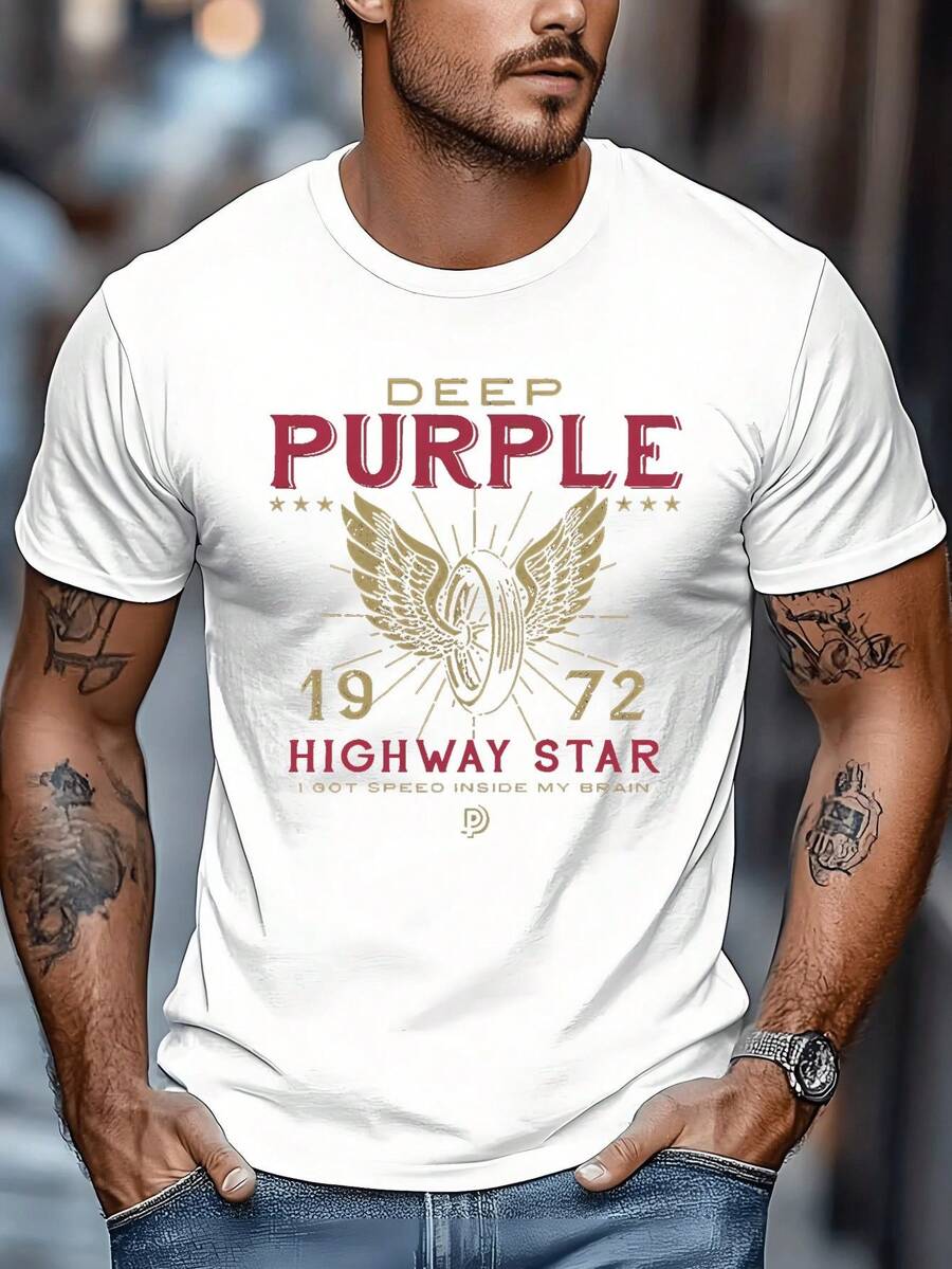 Camiseta Vintage Morada Oscura para Hombre - Camiseta de Manga Corta con Estampado Retro, Icónica, Adecuada para Uso Casual, Conciertos y Actividades al Aire Libre, Lavable a Máquina - Blanco - Ver 1