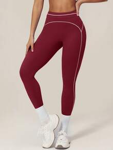 TimeOff Pantalones deportivos de mujer 1 pieza con bloques de color, decoración de línea blanca, cintura alta, control de abdomen, largo hasta el tobillo - Burdeos - Ver 7