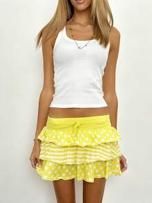 Women's Summer Mini Skirts Pink Dot Print Tiered Skirt For Daily, Travel, Parties - Yellow - View 4
