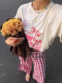 春夏季女款休閒街頭風日常波浪編織帶格紋長褲 - 紅色 - 查看 6