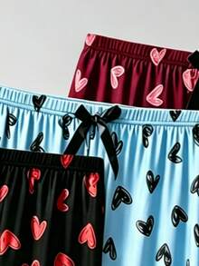3pcs Women's Plus Size Casual Pajama Pants, Heart Print Bowknot Elastic Waist Loose Home Wear Capri Pants - Multicolor - View 4