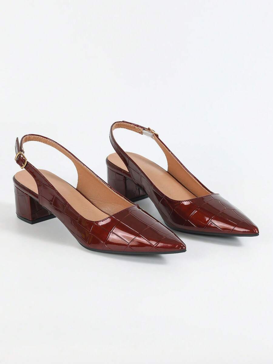 Random Crocodile Embossed Point Toe Chunky Heeled Slingback Pumps, Elegant