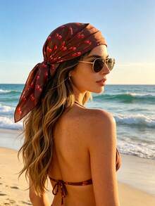 1pc Cherry Print Satin Women's Scarf, Deep Red Square Silk-Like Headscarf, Lightweight Travel Holiday Gift, Summer Multifunctional Accessory - Multicolor - View 8