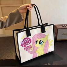 Miniso Little Pony Friendship Is Magic Series Canvas Tote Bag, Adorable Fluttershy Print Spacious Beige Canvas Everyday Handbag - Black - View 1