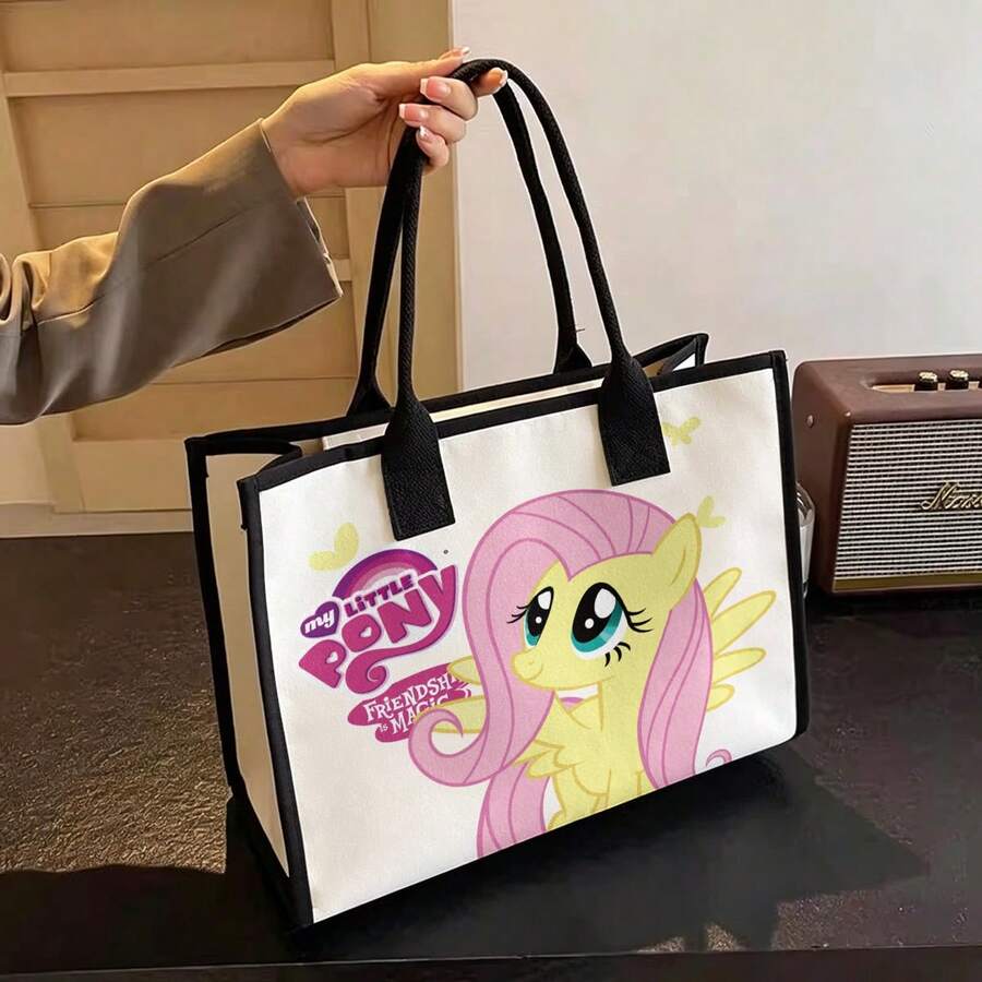 Miniso Little Pony Friendship Is Magic Series Canvas Tote Bag, Adorable Fluttershy Print Spacious Beige Canvas Everyday Handbag - Black - View 1