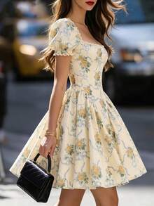 Summer French Riviera Collegiate Style Pleated Princess Dress, Garden Oil Painting Digital Print Mini Dress - Multicolor - View 5