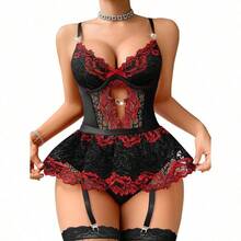 Lilosy Sexy Stocking Rhinestones Heart Garter Underwire Floral Mesh Lace Sheer Babydoll Lingerie Teddy Bodysuit Skirt Set - 花卉黑紅 - 查看 3