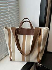 Bolso de lona casual para mujer con diseño a rayas, cierre con cremallera y forro de poliéster, opciones multicolor - Blanco - Ver 7