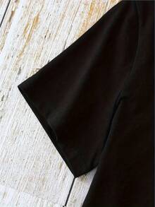Stampa con Motivo Ritratto Femminile, Maglietta Casual Sportiva da Donna con Collo Tondo e Maniche Corte - nero - Visualizzare 3