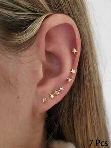 7 piezas Pendientes de botón con diseño de estrella - Amarillo Oro - Ver 1