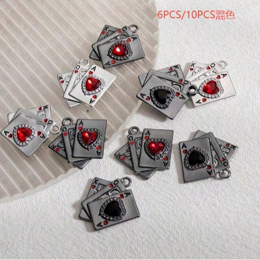 6入/10入 隨機混色 時尚迷人創意經典撲克牌愛心鑲水鑽設計 Y2K 合金琺瑯吊墜/鑰匙圈 單個跳環 適合珠寶DIY項鍊 鑰匙圈 背包吊飾 耳環 腳鍊 手工配件 - 彩色 - 查看 1