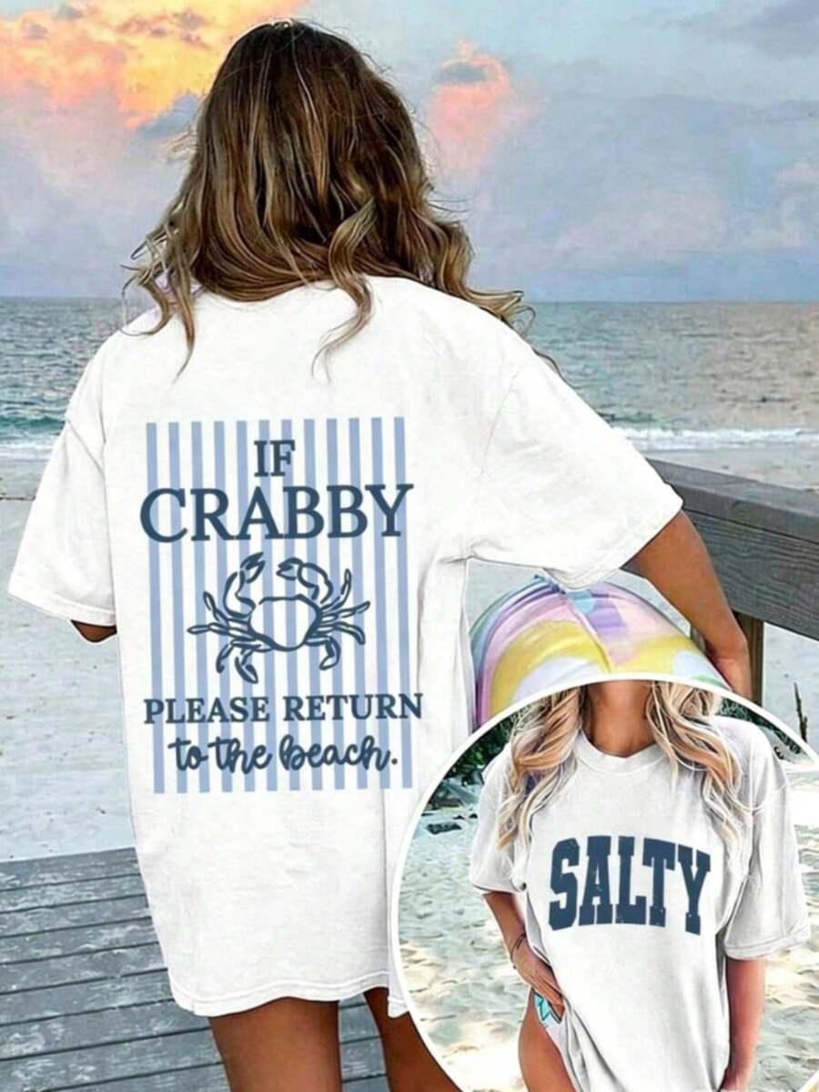 1 Piece Women's Graphic T-Shirt With "If You're In A Bad Mood, Please Go Back To The Beach" Print, 100% Cotton, Double-Sided Print, Casual Summer Style, Plus Size. | Clothing - 綠色 - 查看 1