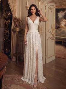 New Thick Strap Sleeveless Plastic Waist High Slit To Thigh Lace Ruffle Dress White Wedding - White - View 5
