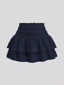 Y2K Casual Resort Mini Skirt With Double-Layered Hem And Solid-Color Ruffle Trim - Navy Blue - View 1