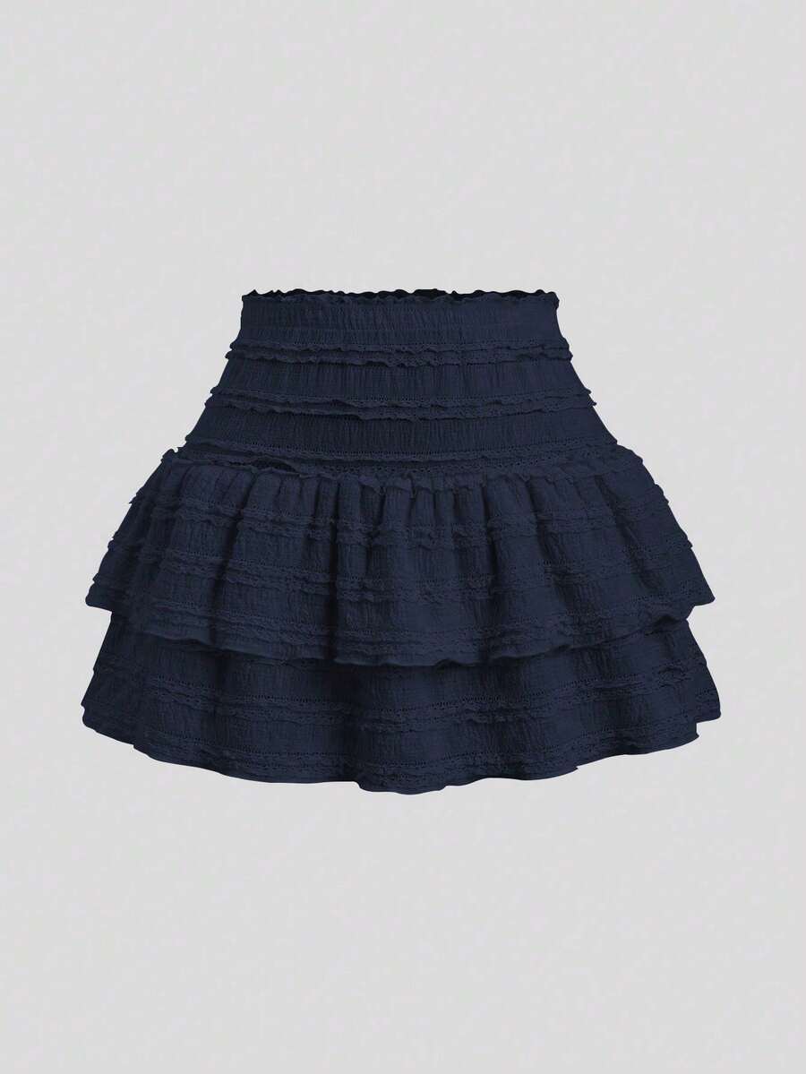 Y2K Casual Resort Mini Skirt With Double-Layered Hem And Solid-Color Ruffle Trim - Navy Blue - View 1
