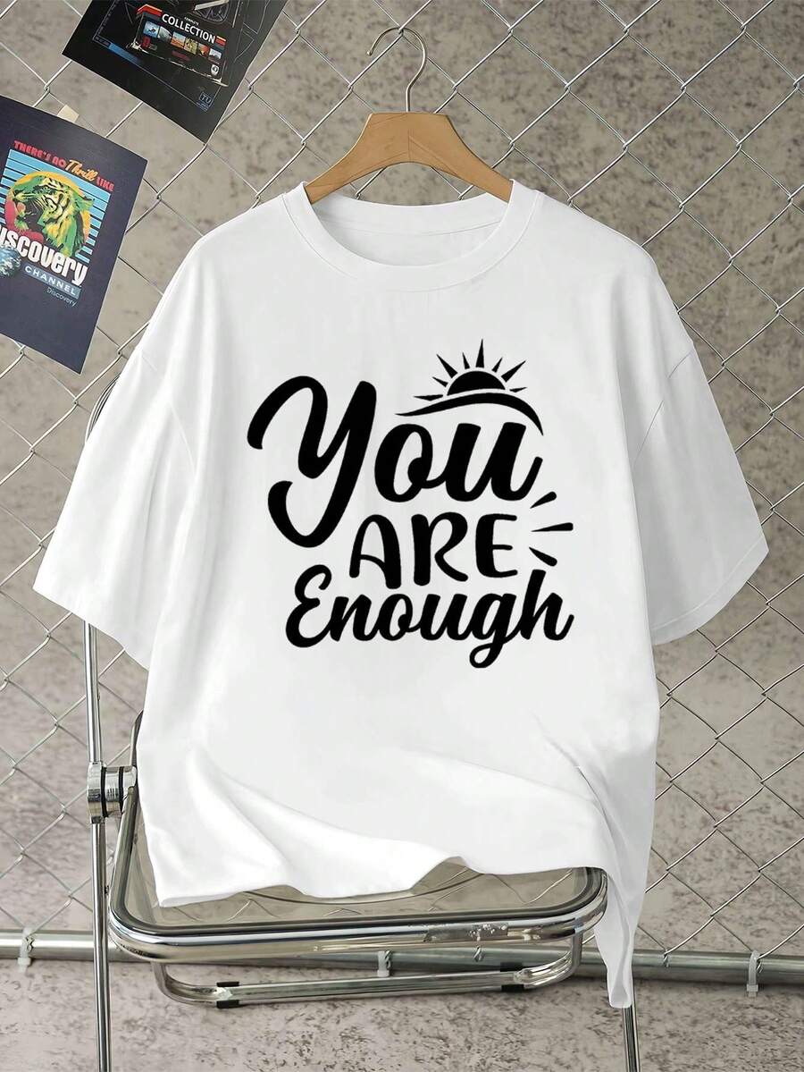 M E N's "You Are Enough" Graphic T-Shirt High Quality Fabric, Loose Fit, Hip-Hop Street Style, Comfortable, Graphic Design - White - View 1