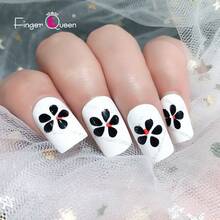 Finger Queen Short Square Floral Black And White False Nails 24pcs Card - Floral Preto Branco - Ver 2