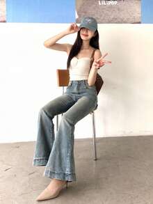 Women's Casual Versatile Daily Travel Denim Flare Jeans With Pockets And Buttons Fall - Medium Wash - View 7