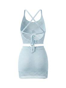 Damen Halbtransparentes Häkel-Zweiteiler-Set mit Blumenakzenten und Spaghettiträgern, perfekt für Strand- und Urlaubslooks im Sommer - Babyblau - Übersicht 11