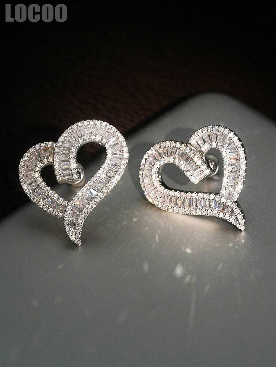 1 Pair Gorgeous Cubic Zirconia Heart-Shaped Stud Earrings, Designed For Women, Suitable For Weddings, Engagements, Anniversary Parties, Valentine's Day Gifts - 1# - View 1