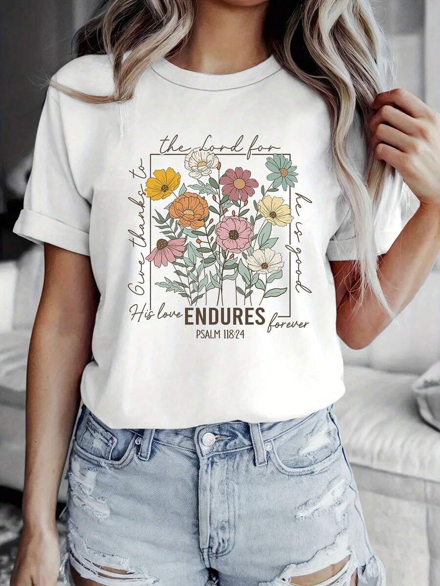 Camiseta 100% algodón con estampado de versículos bíblicos de inspiración floral. | Camiseta de Verano para Mujer, Cuello Redondo, Manga Corta, Cómoda, Transpirable, Informal, Regalo de Va - Blanco - Ver 1