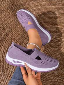Ladies' Breathable Knitted Slip - On Sports Shoes With Stable Support - Soft EVA Sole, All - Season Casual Shoes. White With Black And Red Accents And - 814 Purple - View 3