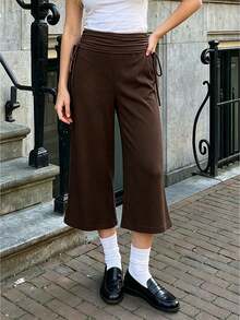 Womens Casual Capri Pants Solid/Dot Print Ruched Drawstring Waistband Wide Leg Trousers Lounge Pants - Coffee Brown - View 1