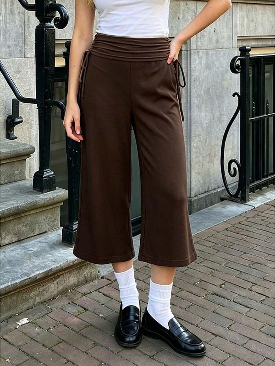 Womens Casual Capri Pants Solid/Dot Print Ruched Drawstring Waistband Wide Leg Trousers Lounge Pants - Coffee Brown - View 1