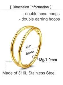 1pc Stainless Steel Nose Ring With Sparkling Zirconia, 18K Gold Plated, Hinged Closure Cartilage Screw Earring Lip Ring, Body Piercing Jewelry - Double-layered Split - View 6
