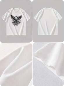Summer Men's Crew Neck Short Sleeve Solid Color T Shirt, Breathable Comfortable Versatile Eagle Compass Print Casual Tops For Daily Outdoor Wear - 白色 - 查看 4