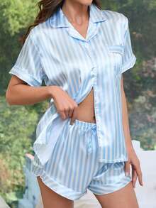Short Sleeve Ruffle Shorts Light Blue Striped Pajama Set Loungewear - Blue - View 3