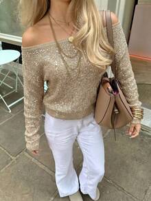 Live To Mo Autumn Y2K Women's Casual Open Shoulder Knit Top, Fashionable Sequin Sweater, Suitable For Back To School And Daily Wear - Khaki - View 9