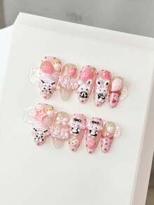 10pcs Handmade Almond Shaped Press-On Nails, Medium Pink Acrylic Nails, Cat Eye French Ombre Tips, 3D Bear Strawberry Polka Dot Nail Art, Summer Party Daily Date Vacation Outfit DIY Fake Nails Nail Art, Women Girls Gift Nail Supplies - Multicolor - View 1