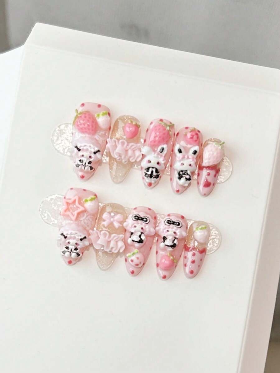 10pcs Handmade Almond Shaped Press-On Nails, Medium Pink Acrylic Nails, Cat Eye French Ombre Tips, 3D Bear Strawberry Polka Dot Nail Art, Summer Party Daily Date Vacation Outfit DIY Fake Nails Nail Art, Women Girls Gift Nail Supplies - Multicolor - View 1