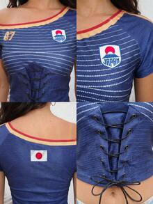 Camiseta corta ajustada de mujer para verano y primavera, estilo casual mexicano, de malla de jersey, con cuello asimétrico y diseño cruzado, estilo Blokette Blokecore para vacaciones - Morado - Ver 7