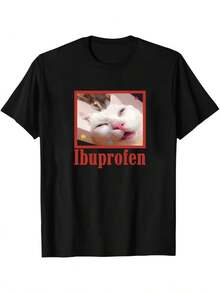 Camiseta Casual de Manga Corta para Hombre - Estampado Divertido de Gato e Ibuprofeno, Ligera, Cuello Redondo, Lavable a Máquina, Corte Regular, Diseño Divertido, Tela Cómoda, Tallas Grandes - Negro - Ver 1